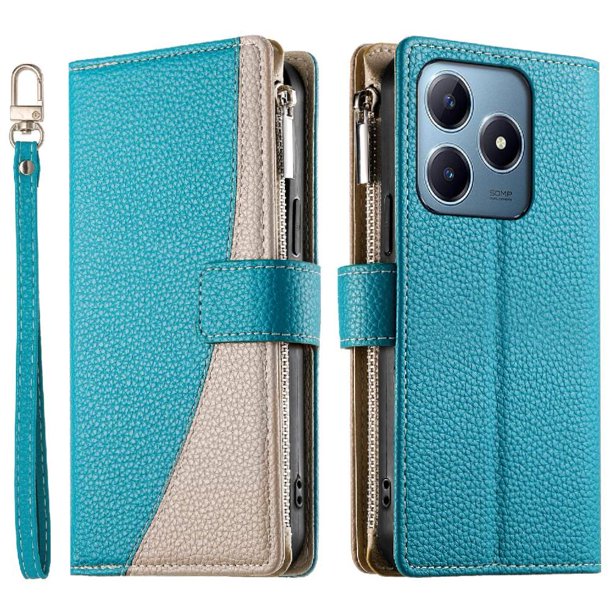 Funda cartera GANGXUN para Realme C63 4G , cuero PU con tarjetero, cremallera, correa de mano, soporte y protección 1260°