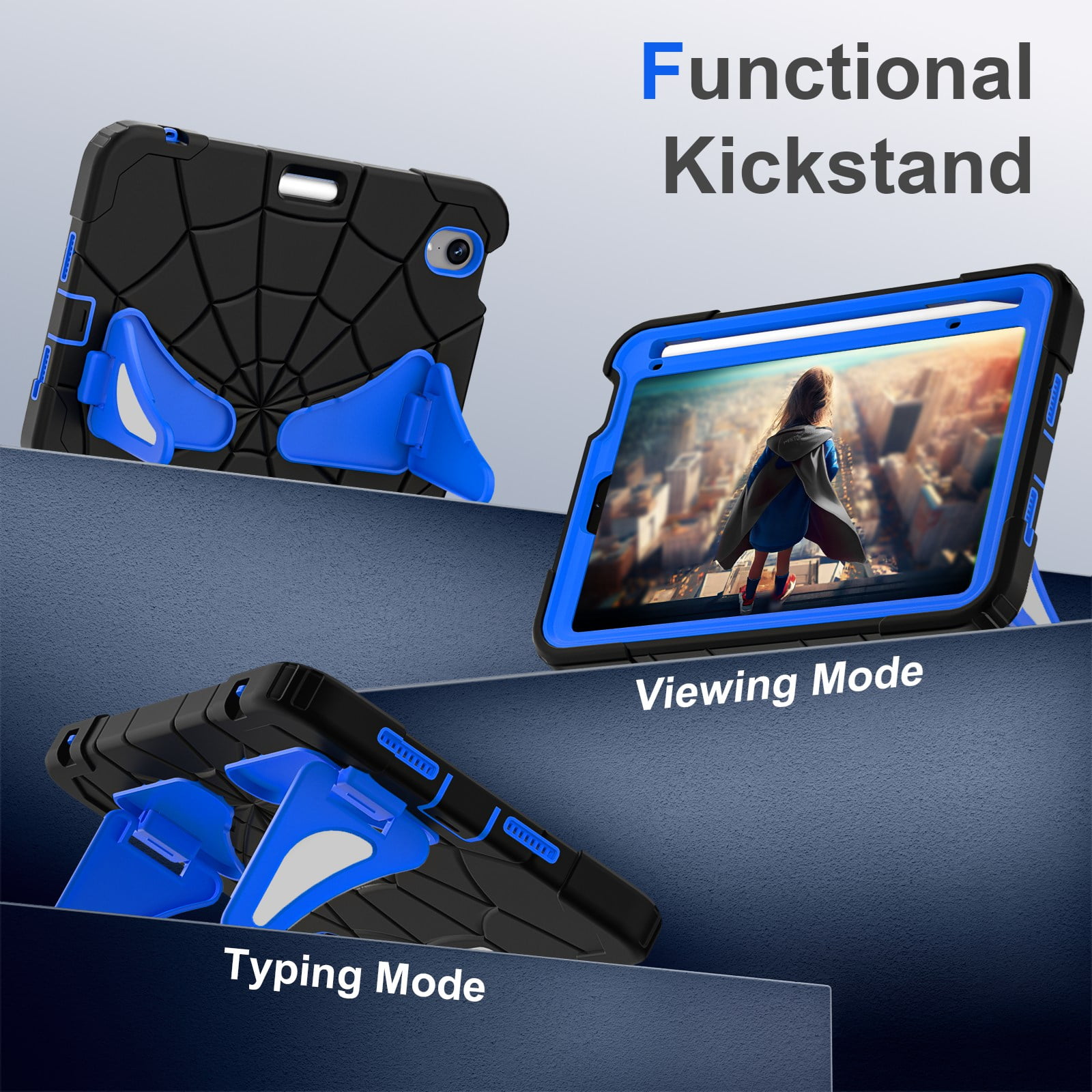 ELEHOLD Kids Friendly Case For iPad Air 11-inch M3 (2025) / M2 (2024), Heavy Duty Shockproof Rugged Protective Case with Pencil Holder Foldable Kickstand for Boys Children Case, Black+Blue