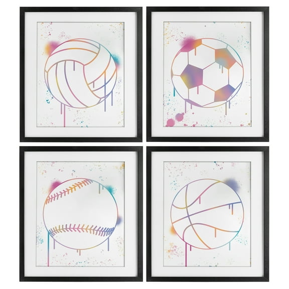 Stupell Industries Modern Graffiti Sports Balls 4 Piece Black Framed Print Under Glass Set, design by Marcus Prime, 16 x 13