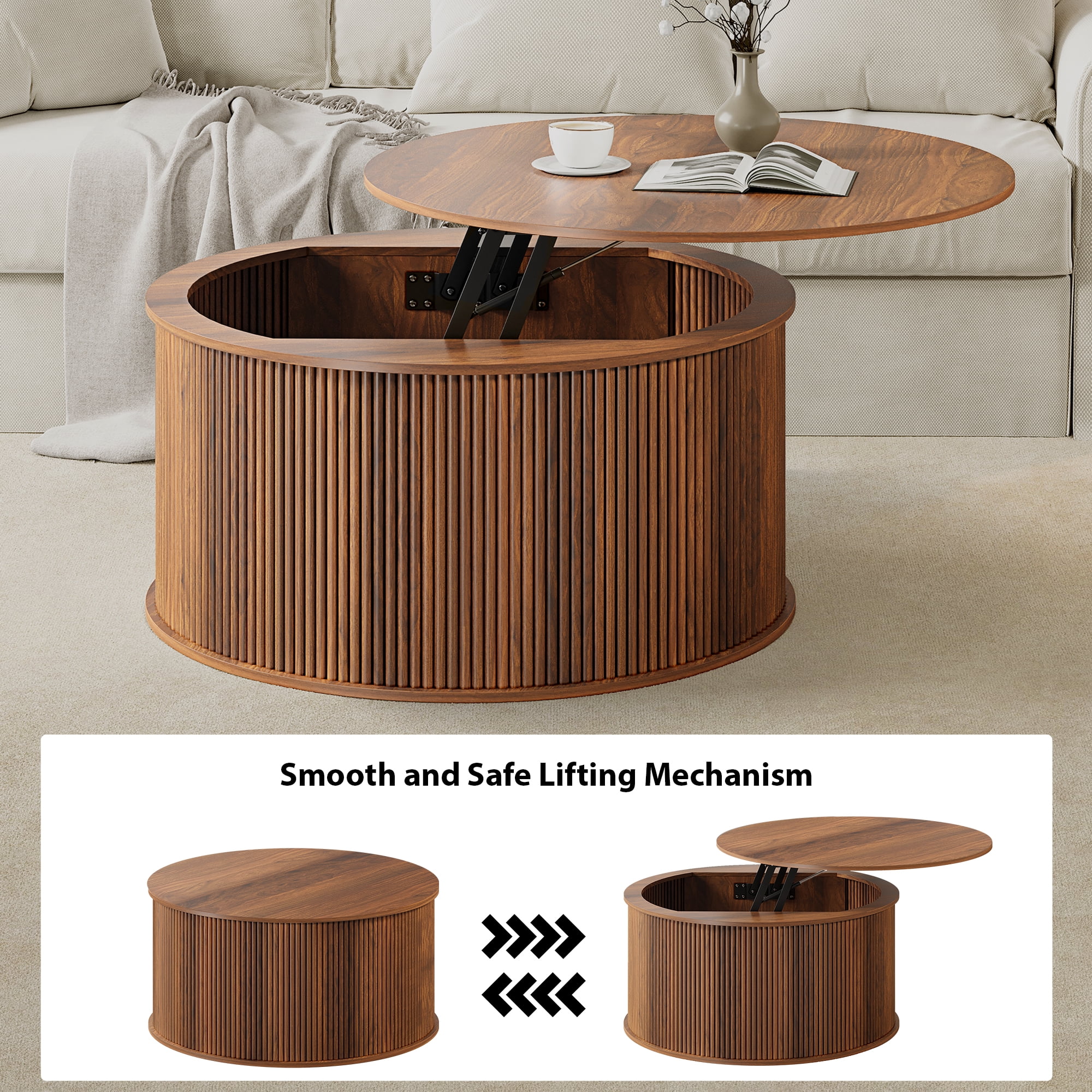 Wirrytor 31 inches Round Lift Top Coffee Table with Storage and Flip Top, Fluted Center Table for Living Room, Wood Coffee Table with Hidden Compartment, Round Arc Design, Walnut