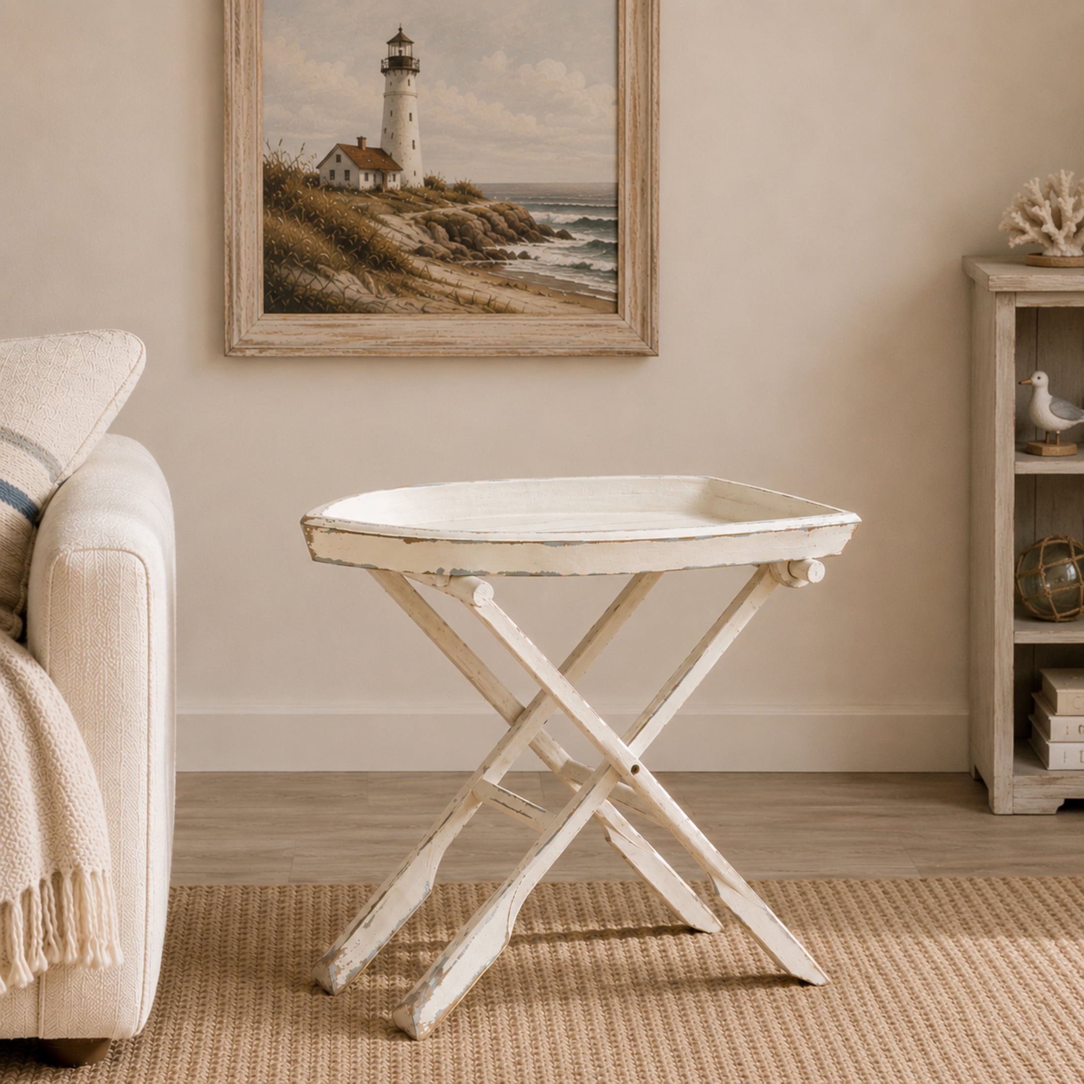 DecMode Coastal Wood Boat with Oar Inspired White  Accent Table, 28"W x 25"H