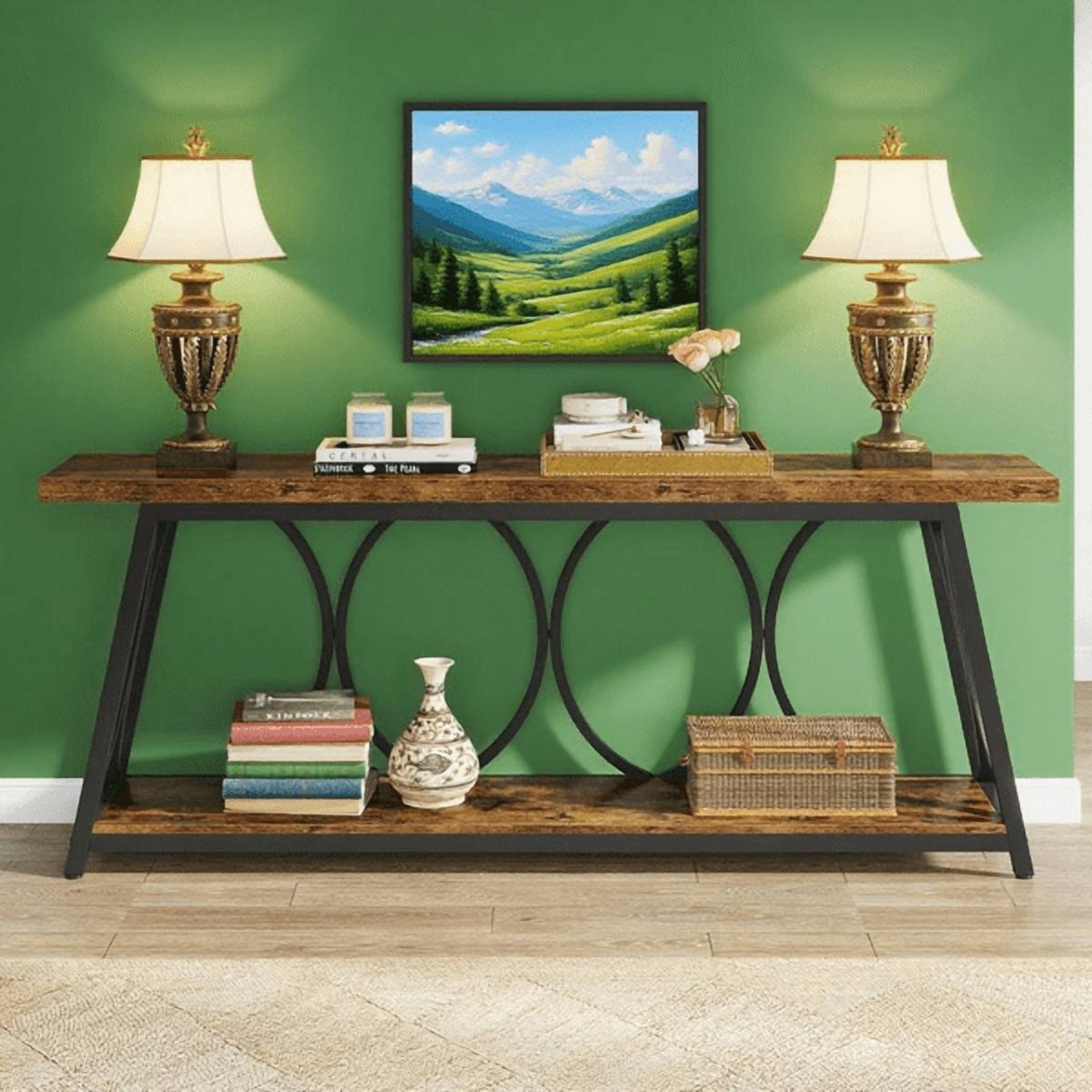 70.9" Vintage Rustic Console Table - Wood & Black Metal, 1.57" Particle Board with Bottom Shelf, 230lb Capacity for Living Room, Entryway, Behind Couch, Hallway