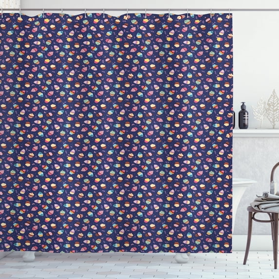 Dessert Shower Curtain, Confetti Rain Pattern with Colorful Frosted Cupcakes and Bows Sugary Snacks Party, Fabric Bathroom Set with Hooks, 69W X 75L Inches Long, Multicolor, by Ambesonne