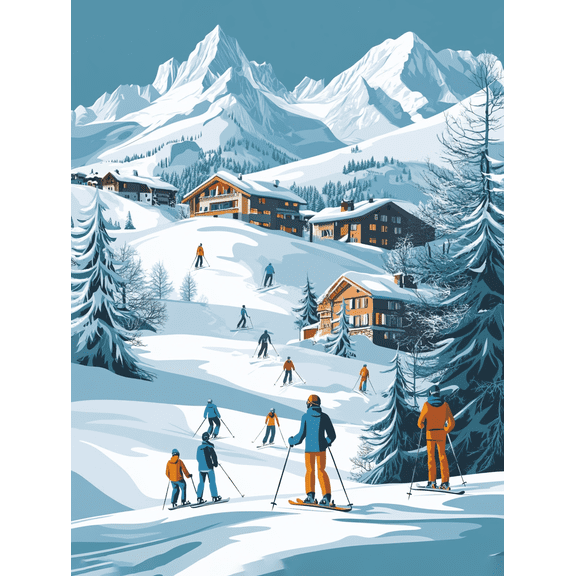 Skiers in Snowy Mountains Canvas Print/Wall Art， Suitable for Living Room， Bedroom， Office， Hotel， Ski Lodge Decoration