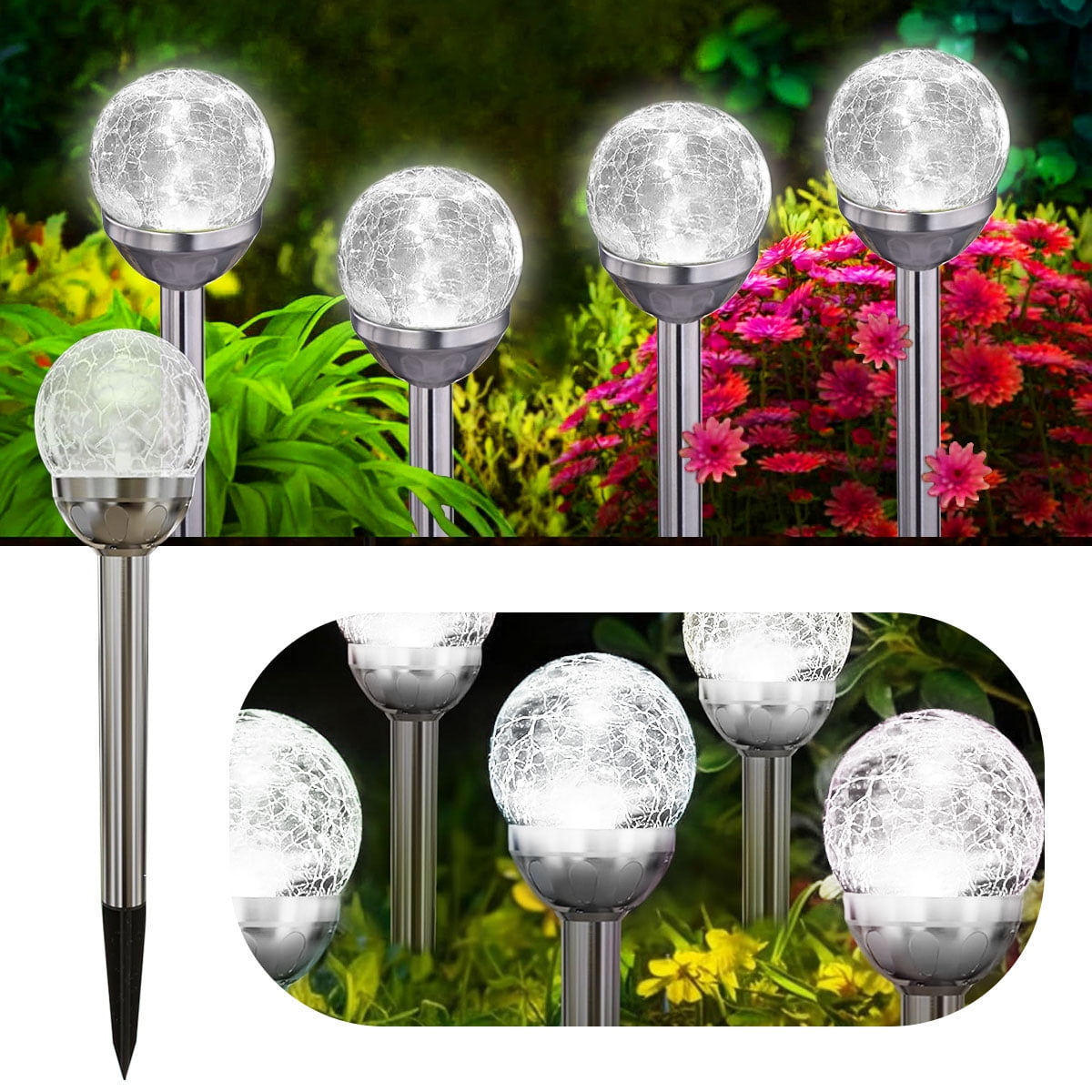 4 Pack Solar Lights Outdoor, Cracked Glass Ball Solar Garden Lights, Decorative LED Landscape Light for Patio Pathway Decor, White