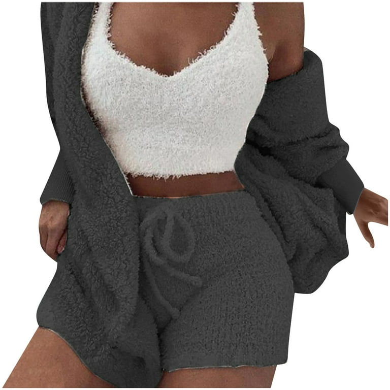 3 Piece Pajamas Outfits for Womens Sexy Fuzzy Fleece Hooded Cardigan Crop Top Shorts Set Fluffy Loungewear Sleepwear Walmart