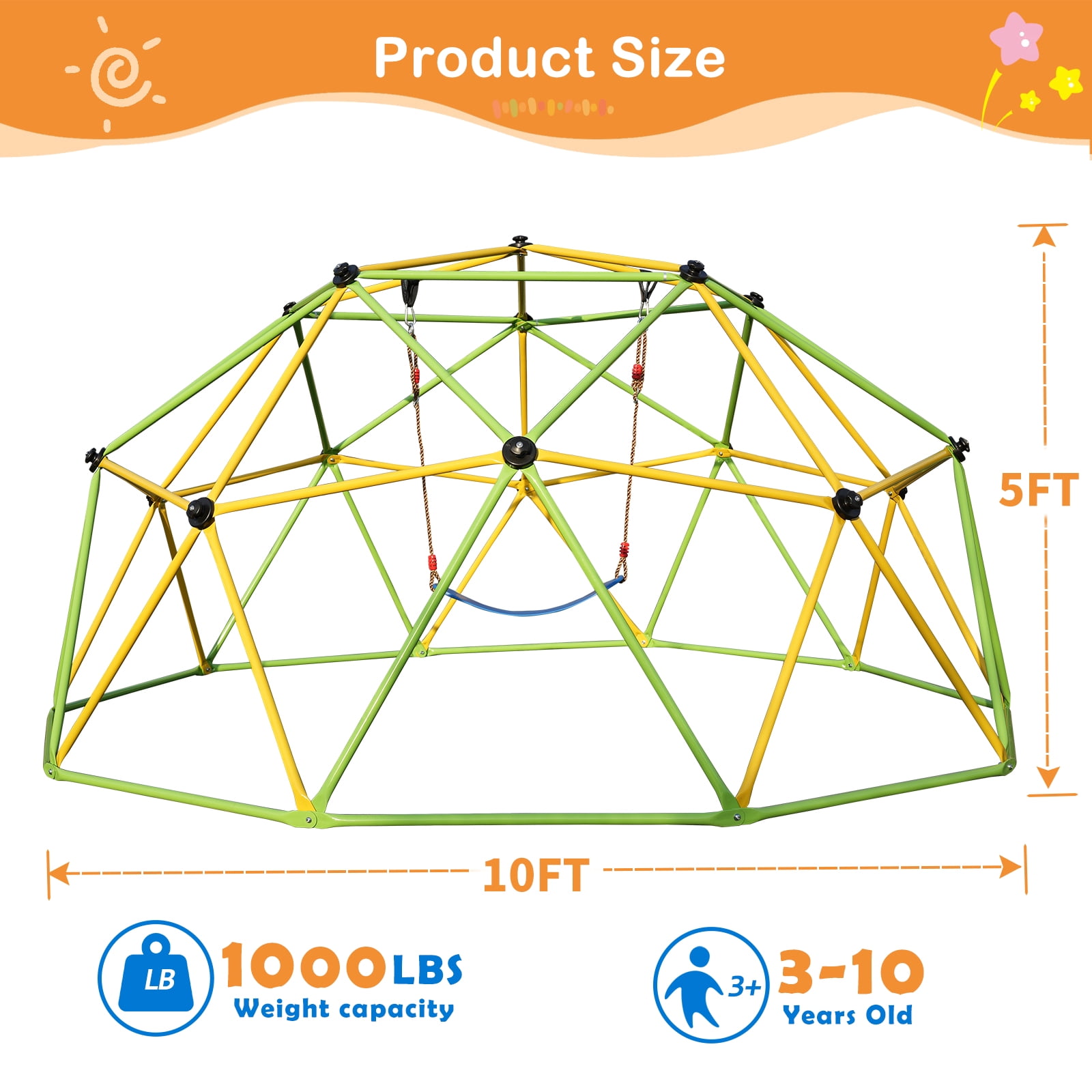 10FT Climbing Dome for Kids Jungle Gym Apply To Park Dome Climber With Swing Playground Equipment, Green