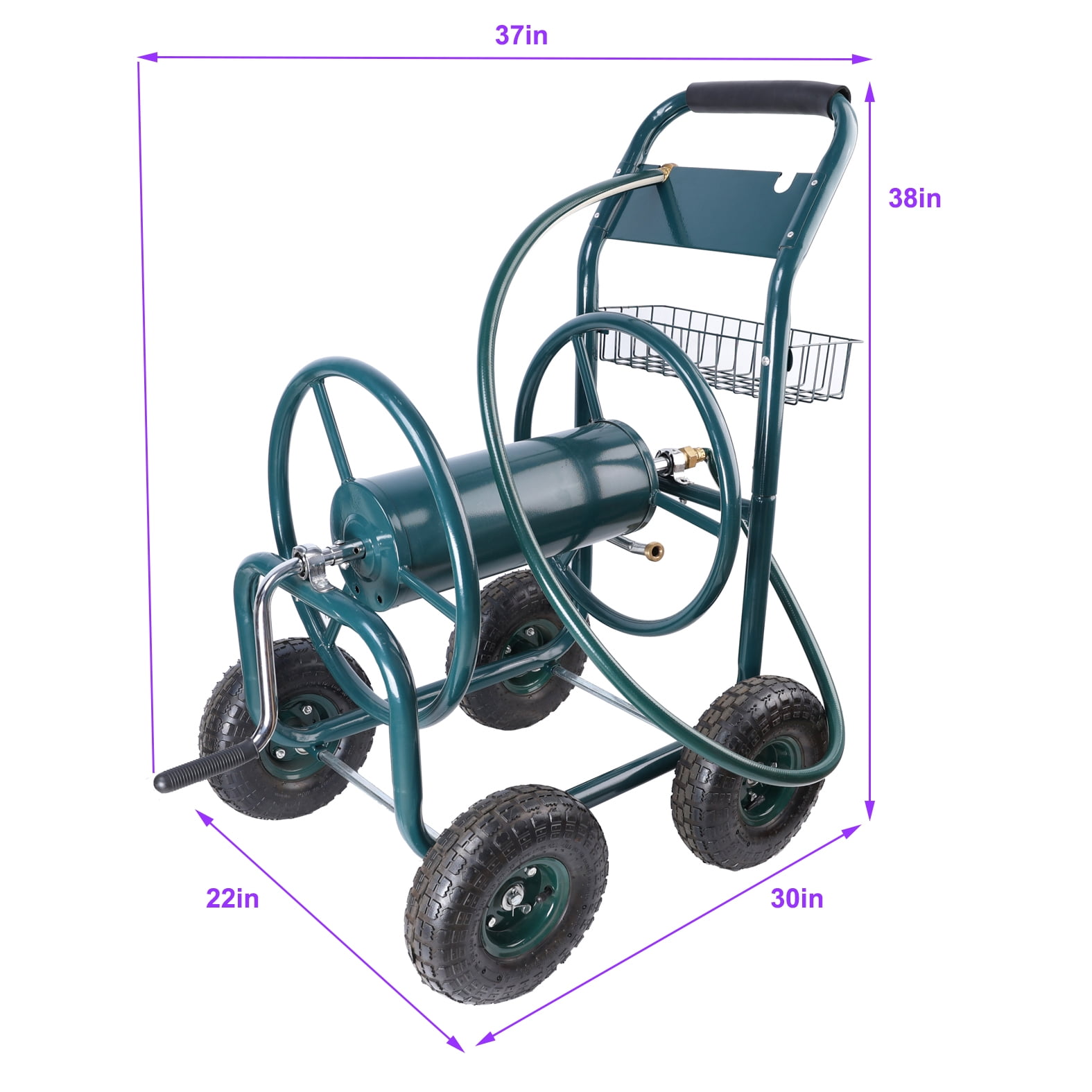 Garden Hose Reel Cart, 4 Wheels Portable Garden Hose Reel Cart with Storage Basket Rust Resistant Heavy Duty Water Hose Holder