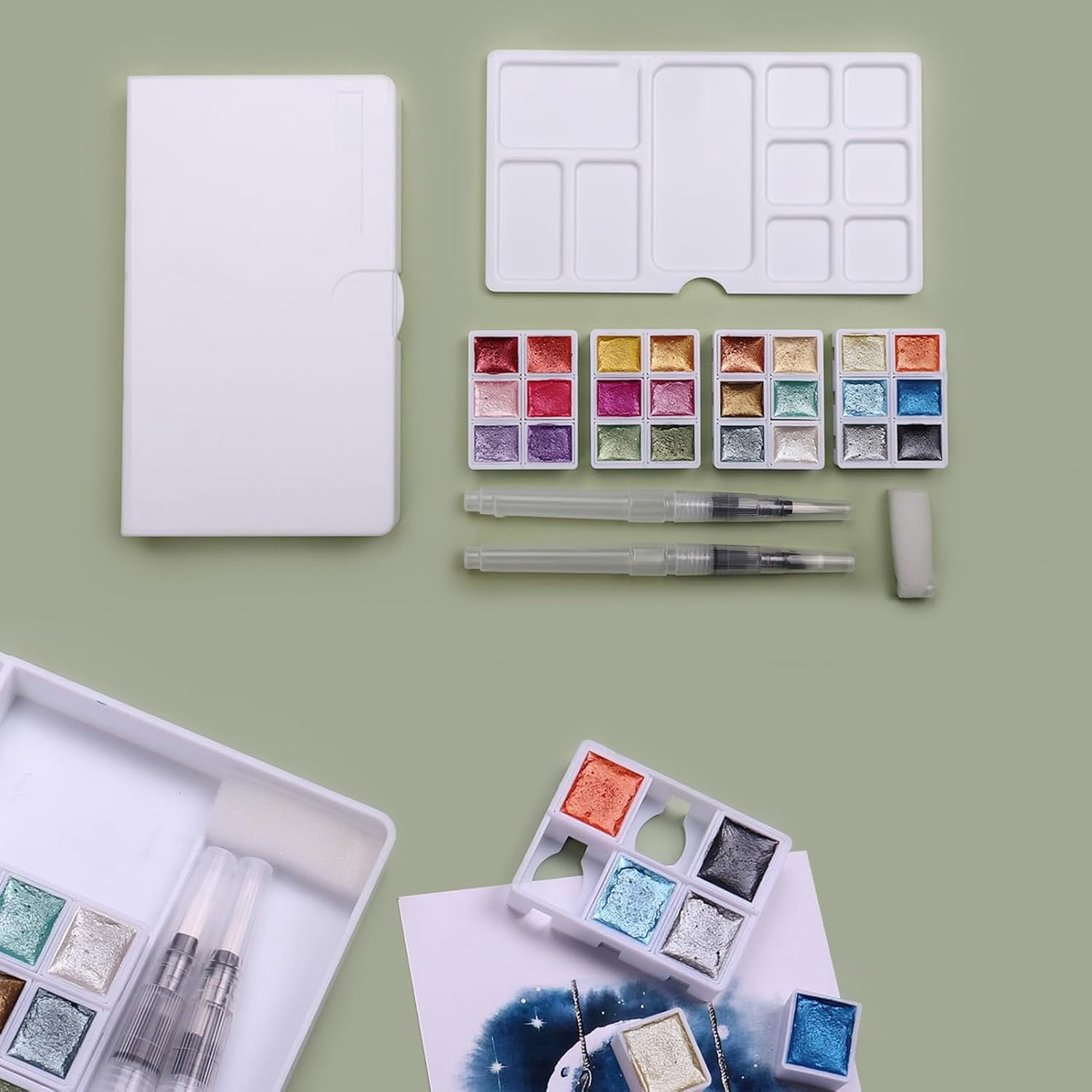 24 Colors Metallic Watercolor Paints Set with Brush Easy Color Mixing for Wall Paper Canvas and Wooden Paintings
