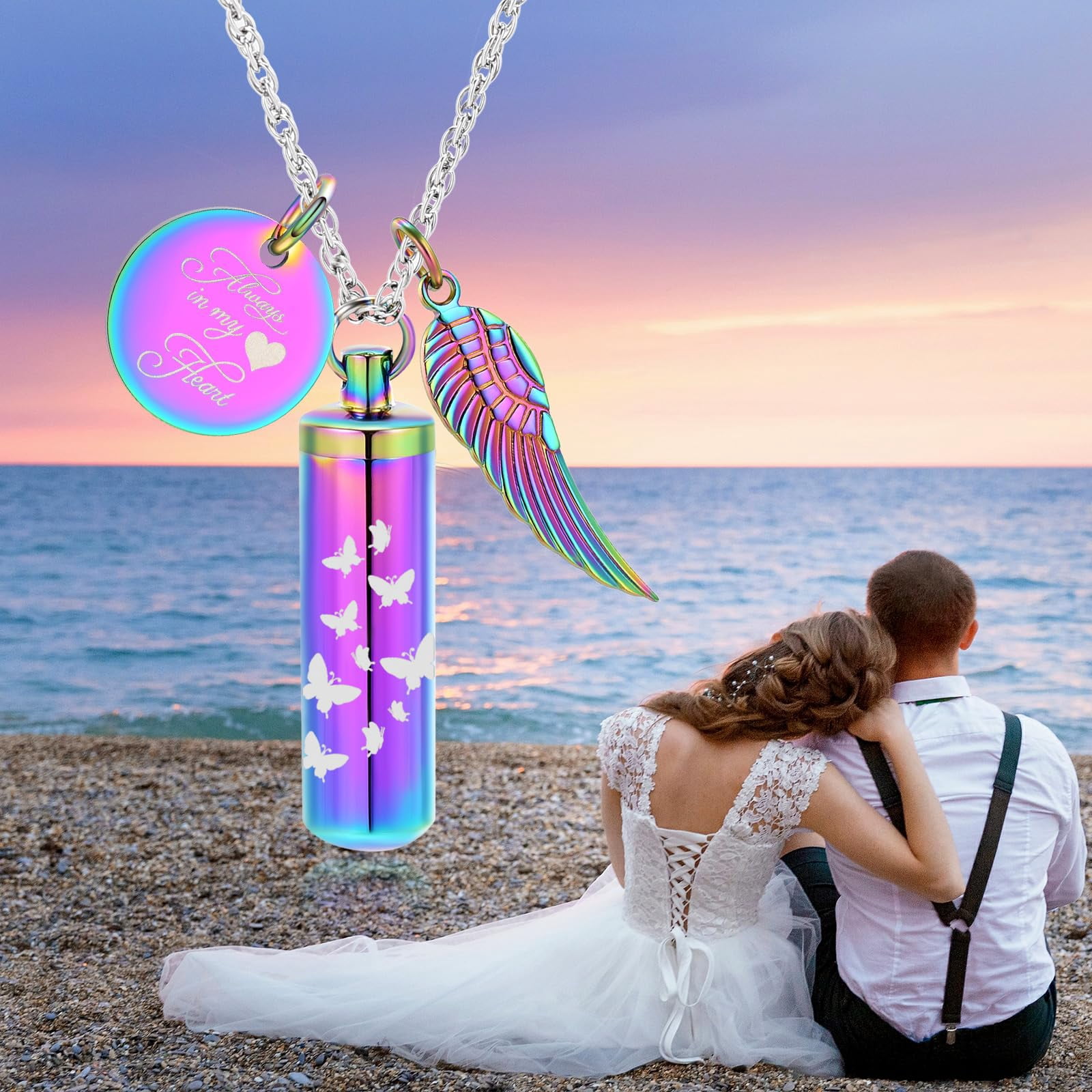 Personalize Cylinder Urn Ashes Necklace for Women Men Butterfly Cremation Jewelry Ash Loved One Memorial Angel Wing Pendant