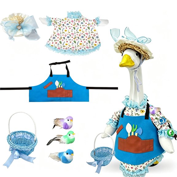 7 Piece Garden Floral Themed Porch Goose Outfits with Lace Trim Dress Hat Apron Basket and Bird Accessories for 23 Inch Lawn Goose Statues Spring Front Porch Decor