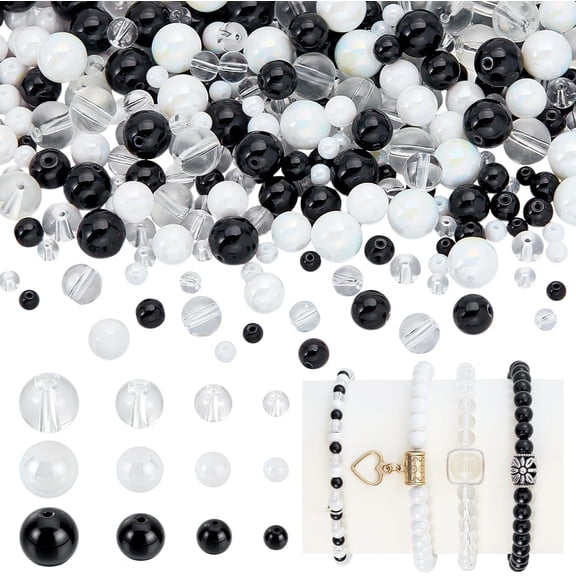 765pcs Black White Round Glass Beads 4/6/8/10mm Craft Beads for Bracelet Neckalce Jewellery Making Assorted Goth Beads Bulk for Punk Style Christmas Home Decorations