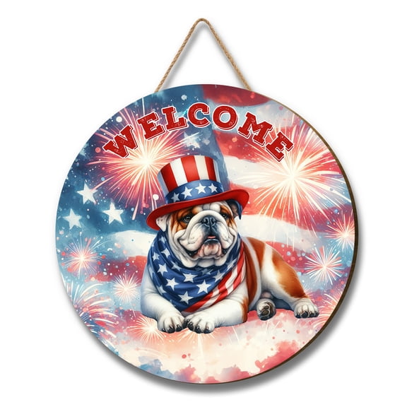 Bulldog Patriotic Welcome for 4Th of July Independence Day Round Wood Sign Dog Lover Gifts Idea Hanging Wall Home Decor - 00010
