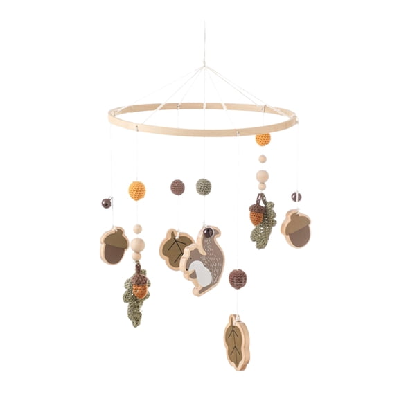 Rotating Wooden Crib Bell for Babies 0-3 Years - Wood Beads & Crochet Pendants (Strawberry/Squirrel/Leaf) Infant Bed Bell, Crisp-Sounding Wind Chimes for Baby Sleep Soothing & Room Decoration