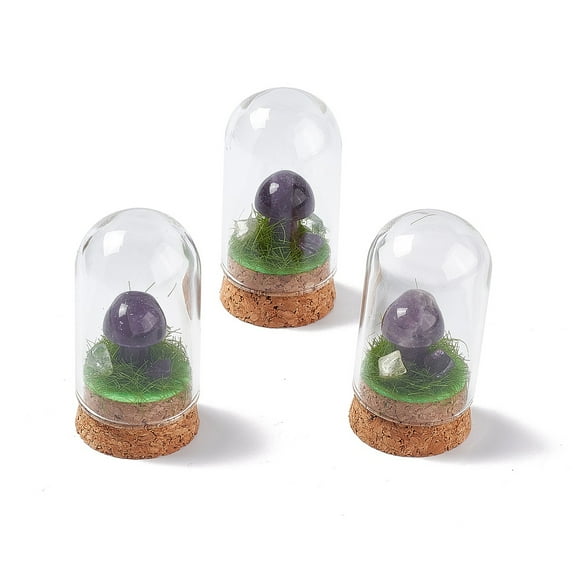 Natural Amethyst Mushroom Display Decoration with Glass Dome Cloche Cover Cork Base Bell Jar Ornaments for Home Decoration 30x57.5mm