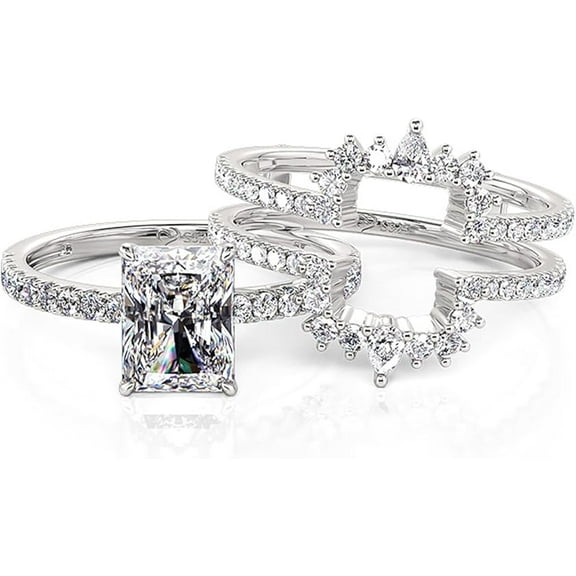 Dazzlingdaimonds Jewels 925 Sterling Silver 2.00 Ct Emerald Cut White Diamond Wedding Engagement Valentine's Anniversary Christmas Bridal Ring Set 14K White Gold Plated For Women's -7.5