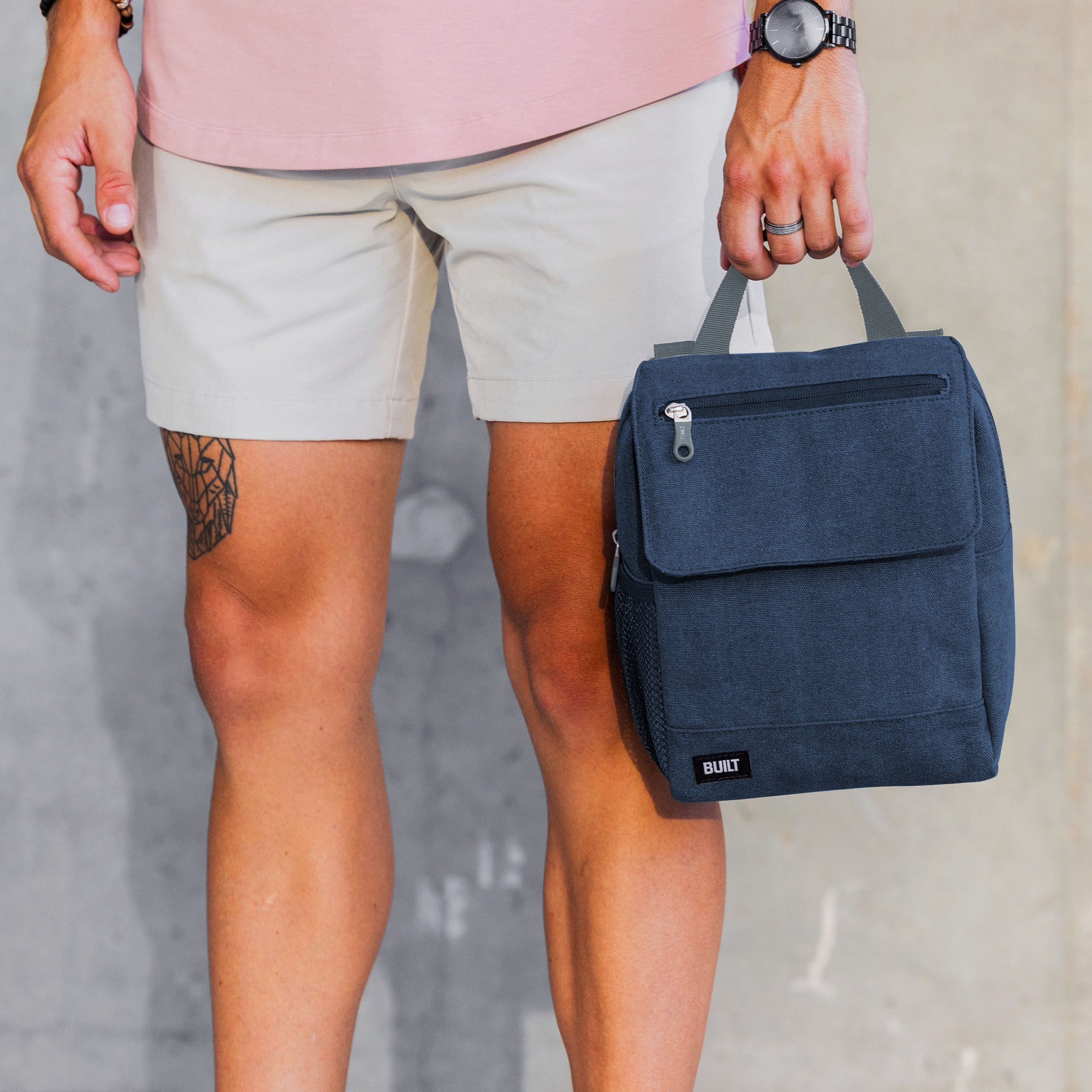 BUILT Oxford 4.84 qt Insulated Adult Reusable Lunch Sack with Crossbody Strap Navy