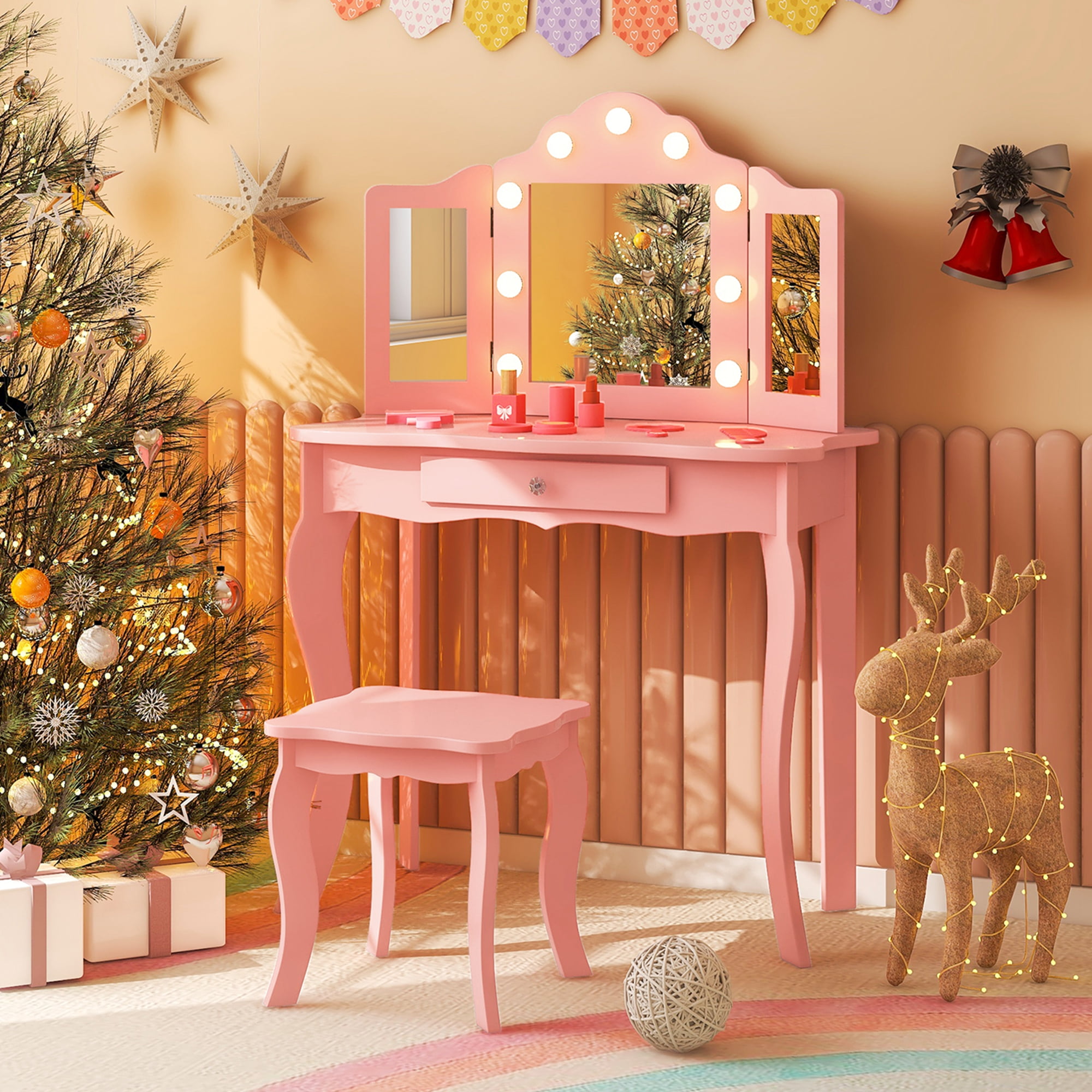 Costway Kid Vanity Table Stool Set with Tri-Fold Mirror & LED