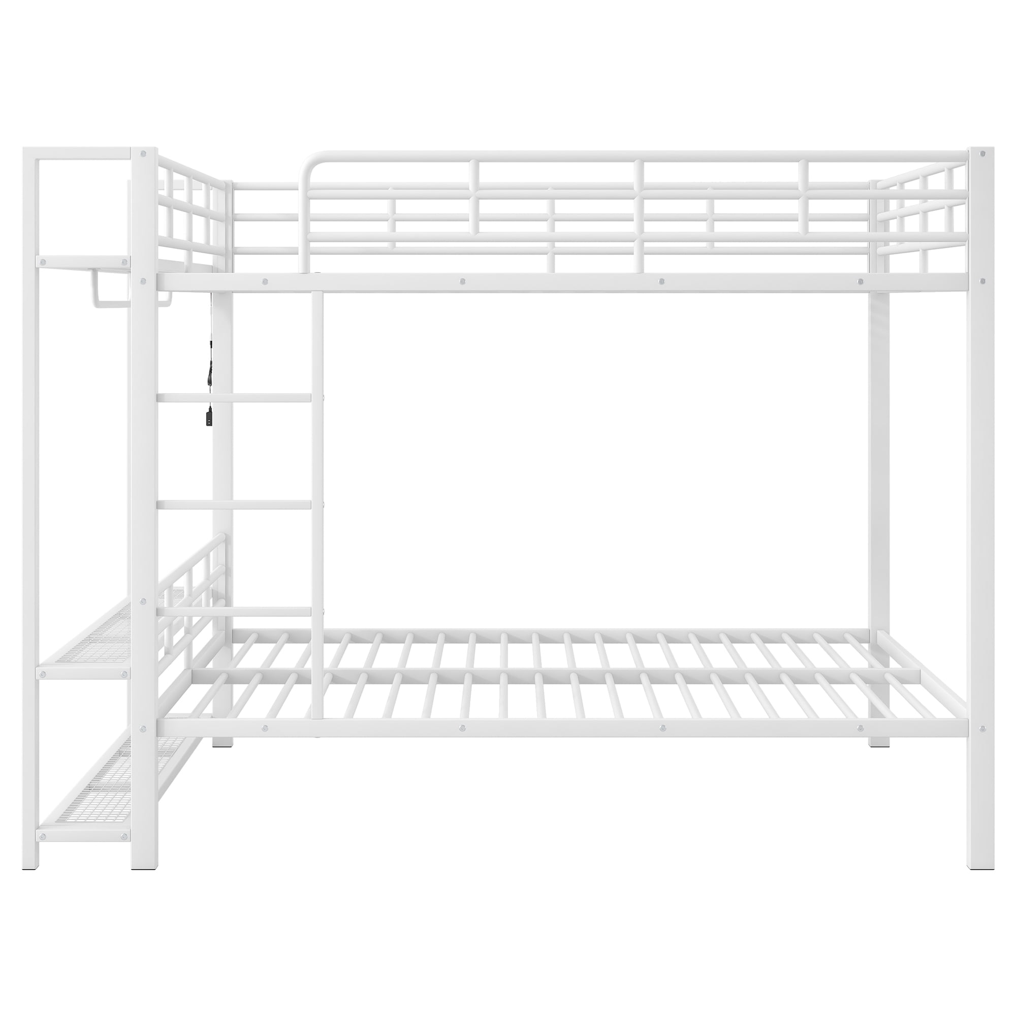 Euroco Metal Full over Full Bunk Bed wih Storage Shelves, Clothes Habnger and LED Light for Kids Teens Room, White