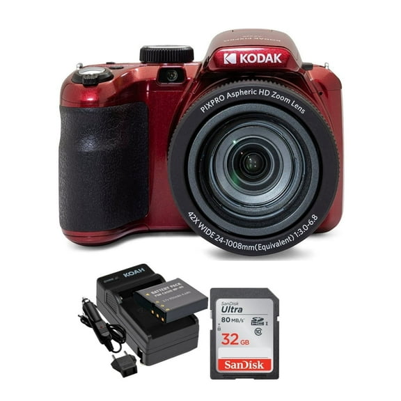 Kodak PIXPRO AZ425 Digital Camera with 32GB Card and Battery Bundle, Red
