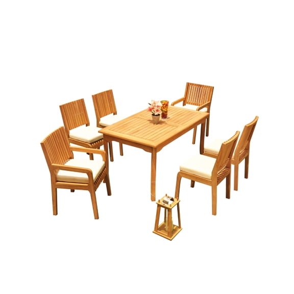 Grade-A Teak Dining Set: 6 Seater 7 Pc: 60" Rectangle Table And 6 Maldives Chairs (2 Arm & 4 Armless Chairs) Outdoor Patio WholesaleTeak #51ML1307