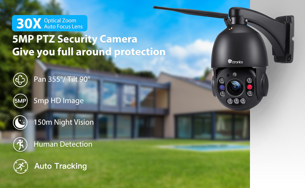 30X Zoom Optique 5MP Caméra Surveillance WiFi Extérieure Ctronics Camé