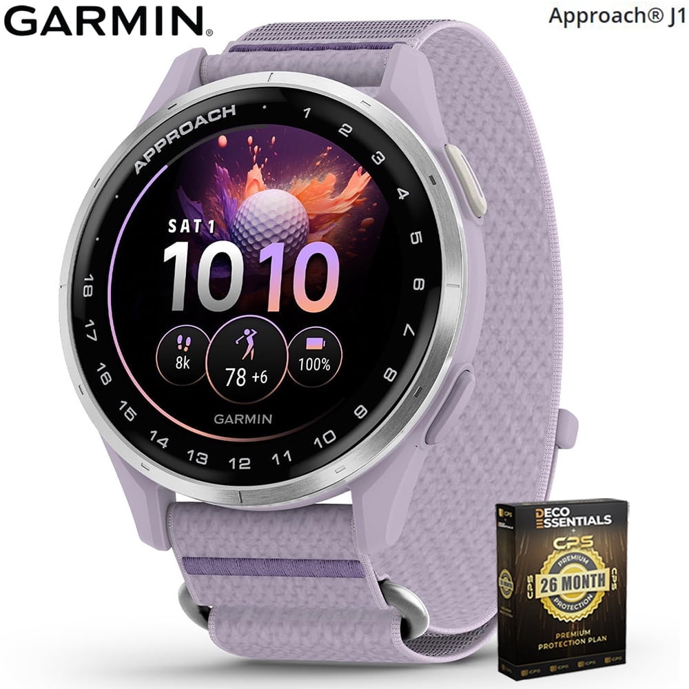 Garmin 010-03898-10 Approach J1 Silver Aluminum Bezel with Lilac ComfortFit Fabric Band Bundle with Deco Essentials Exclusive 26 Month CPS Enhanced Protection Pack