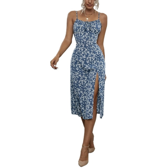 Sunloudy Vestido floral de verano para mujer, estampado de flores, correa de espagueti, sin mangas, de una pieza con abertura alta para damas, rojo/verde/azul Sunloudy S M L XL