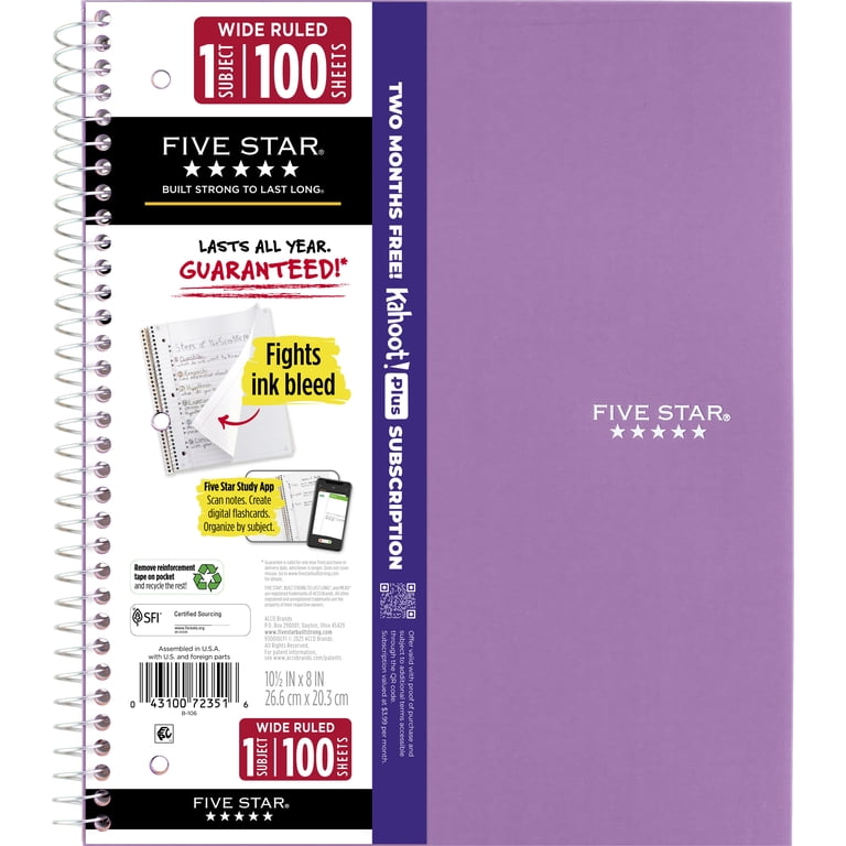 Five Star Spiral Notebook Study App 1 Subject Wide Ruled 8x10.5