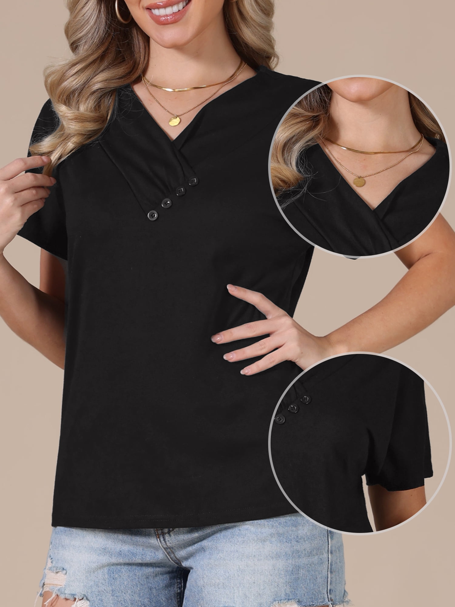 DARING DIVA Women's Summer Short Sleeve Tunic Tops Casual V Neck Button Shirts XL Black