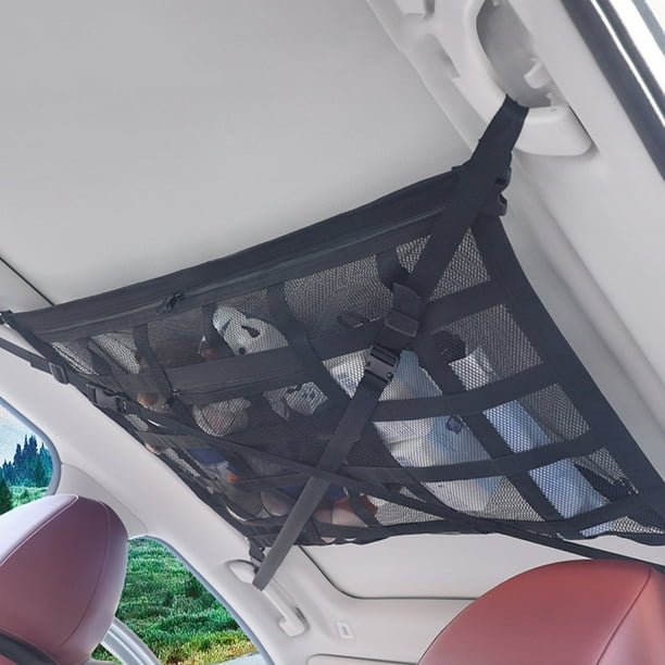 Bolsa de red de almacenamiento en el techo del maletero del coche | Organizador de carga ajustable para automóvil, SUV, camión, RV | Correas de doble capa | Resistente, gran capacidad, cierre de