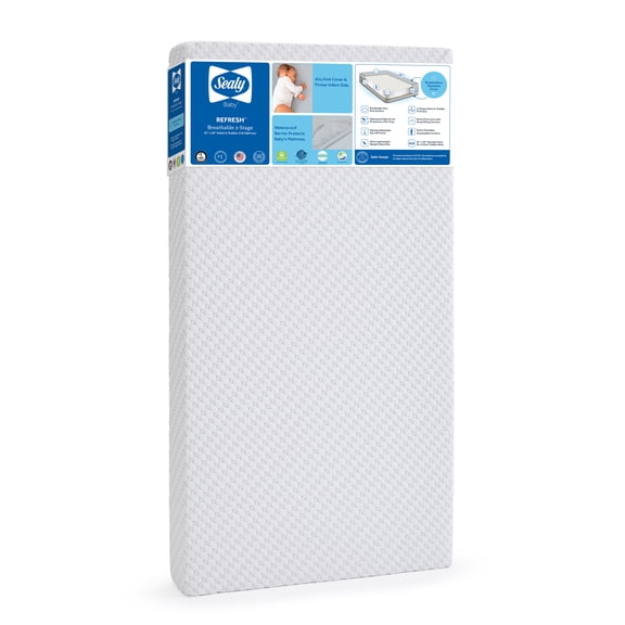Sealy Refresh Breathable 2-Stage Dual Firm Crib Mattress, Toddler Mattress, Removable Washable Cover, GREENGUARD Certified Baby Mattress for Crib, White
