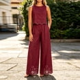 thumbnail image 5 of TEAJOPSUU Womens 2 Piece Sets Matching Lace Hem Outfits Sleeveless Crew Neck Crop Tank Tops High Waisted Wide leg Pants Sets Casual Daily Outfits Burgundy, 5 of 7