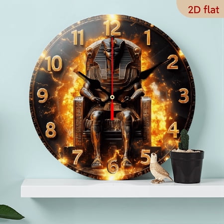 10-inch 2D flat Retro Egyptian Pharaoh theme wooden silent wall clock. Ideal gift for Halloween/Easter/Christmas. Suitable for modern home decoration and art style.