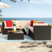 Homall 6 Pieces Outdoor Sectional Sofa Wicker Conversation Sets Patio Rattan Furniture Set with Cushions and Glass Table