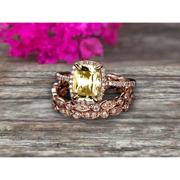 3Pcs Champagne Diamond Moissanite Engagement Ring 3.05 Carat 7mm Cushion Cut On Solid 10k Rose Gold Full Eternity Art Deco Milgrain Promise Ring