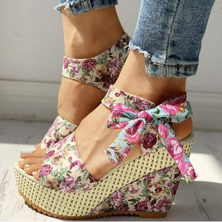 

Womens Espadrille Platform Wedge Sandal Floral Flower Lace-up Ankle Strappy Peep Toe Slingback Middle Heel Summer Sandal (Color : Pink Size : 38)