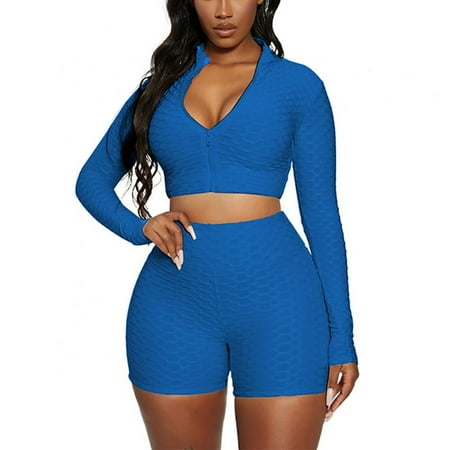 

Women s Workout Shorts Set Yoga Bubble Texture Textured Sports Bra Vest Butt Lifting Shorts Gym Yoga Bodysuits Blue