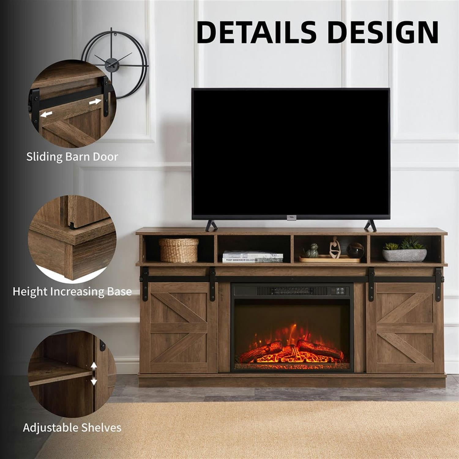 Demi Bonn Modern Farmhouse TV Media Stand for TV Up to 65'', Large Barn Inspired Home Entertainment Console with 23" Fireplace Insert, Open Shelves and Closed Cabinets, Brown