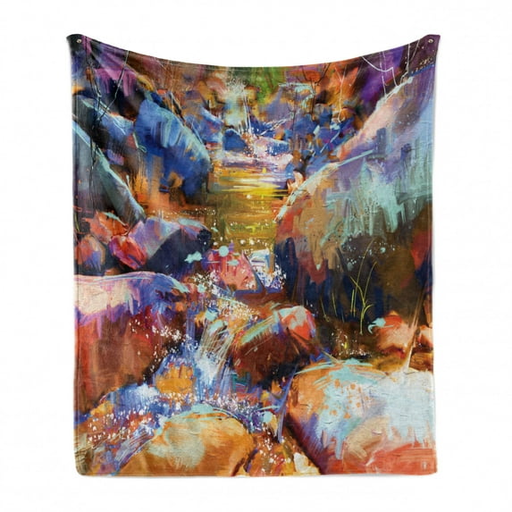 Fantasy Soft Flannel Fleece Throw Blanket, Abstract Waterfall with Rock Stones in the River Acrylic Digital Picture, Cozy Plush for Indoor and Outdoor Use, 60" x 80", Multicolor, by Ambesonne