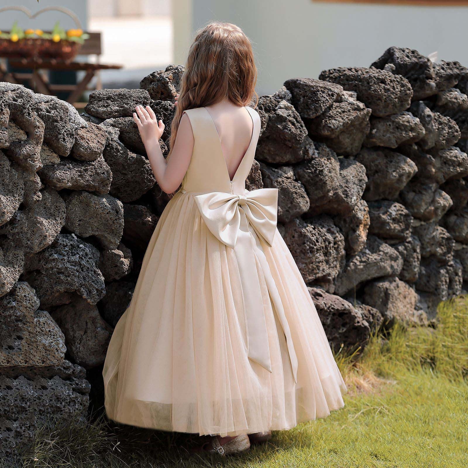 Wdgfv Flower Girls Satin Pageant Dress Wedding Kids Pearls Prom Gowns Elegant Bow Knot Formal Occasion Outfit Beige 6-7 year