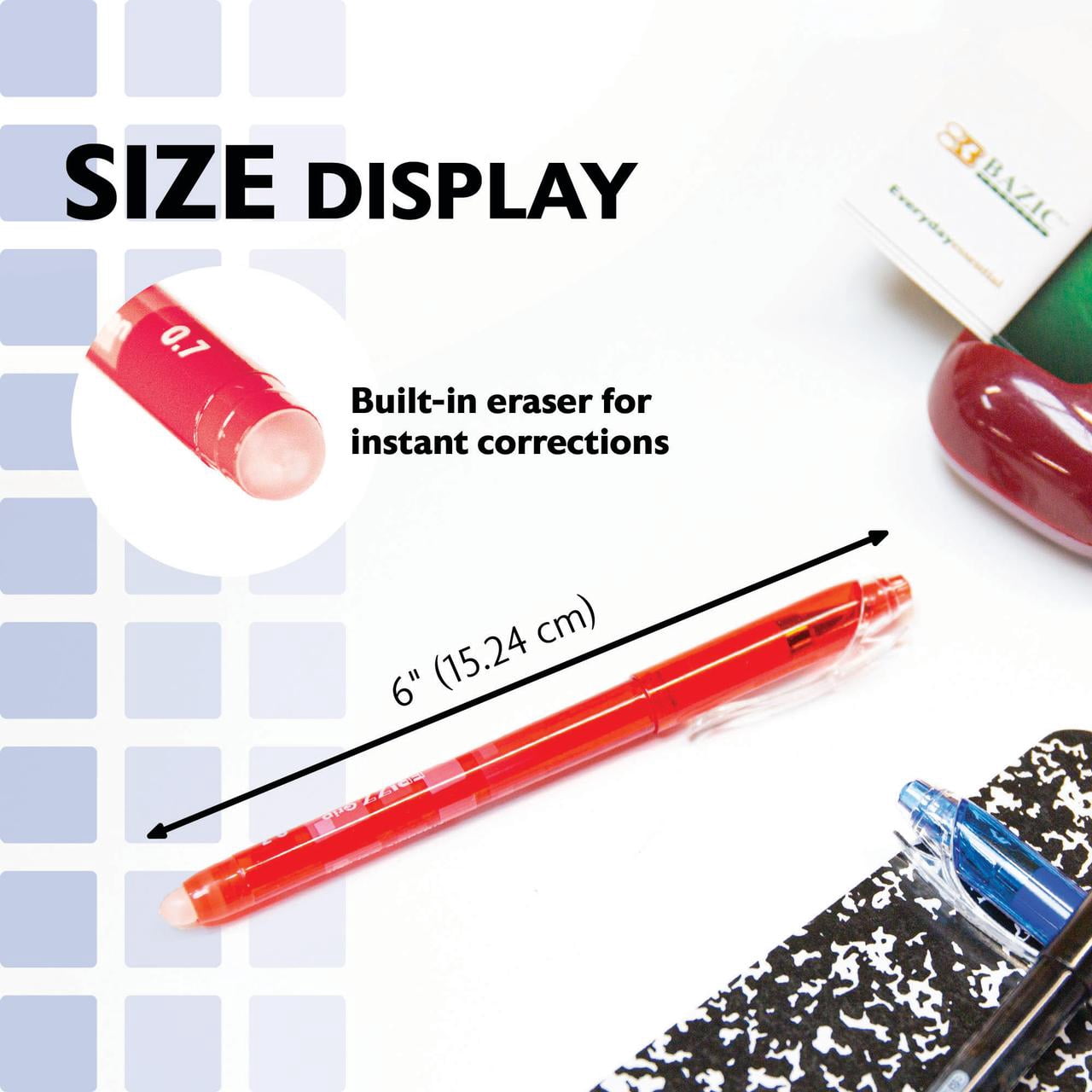 BAZIC Frizz Erasable Gel Pens, 0.7mm Medium Point, Red Ink, Comfort Grip, 24-Pack