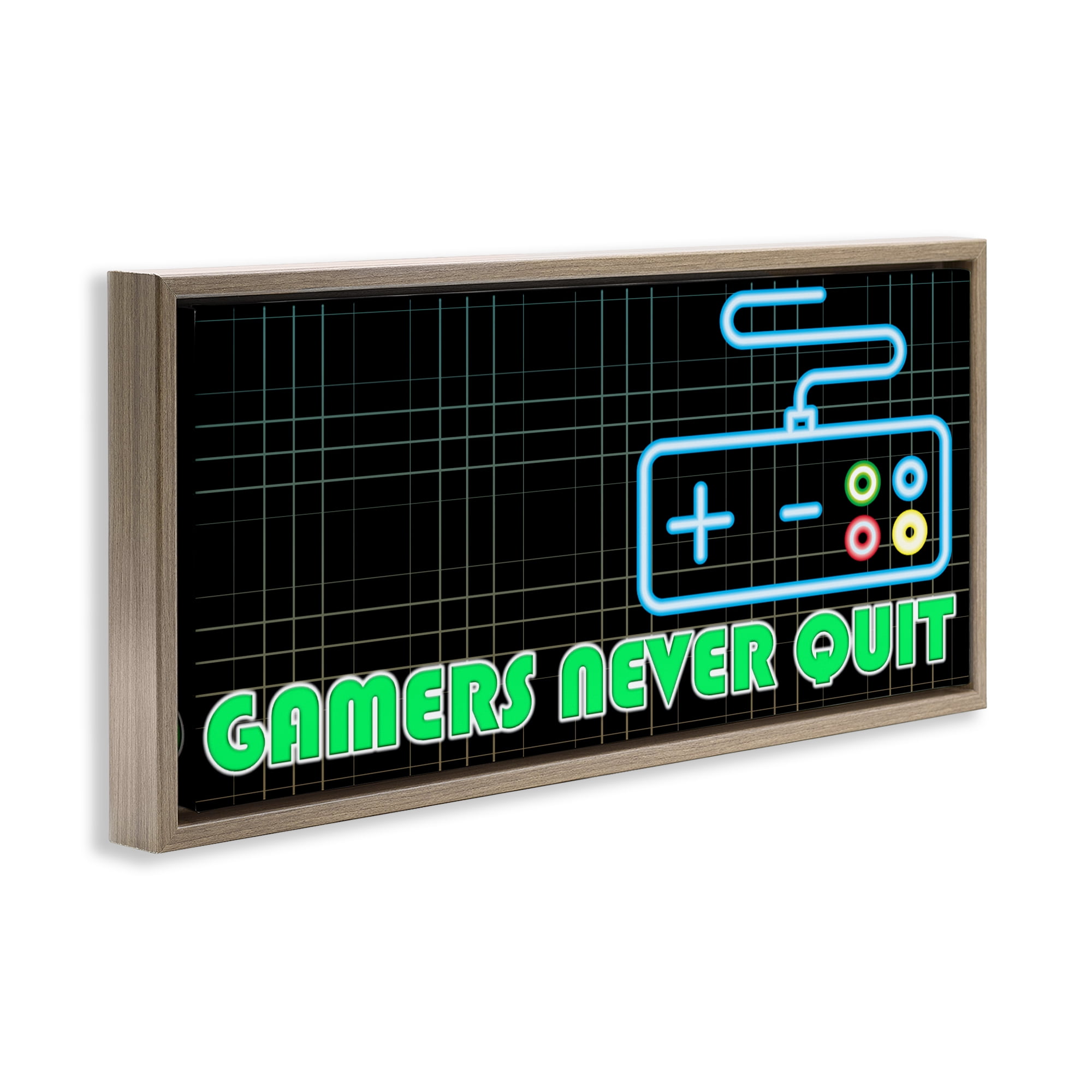 Stupell Industries Gamers Never Quit Neon Brown Framed Floater Canvas Wall Art, design by Kim Allen