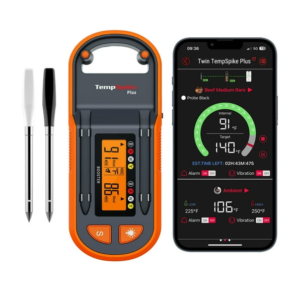 ThermoPro TempSpike Plus 600ft Wireless Meat Thermometer with 2 Color-Coded Probes, Bluetooth Meat Thermometer with LCD-Enhanced Booster for Food Cooking Grill Smoker,