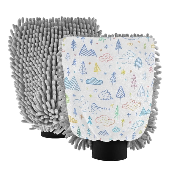 Microfiber Car Wash Gloves With Chenille & Polyester Terry Scratch-Free Cleaning Elastic Cuffs Cute Line Art