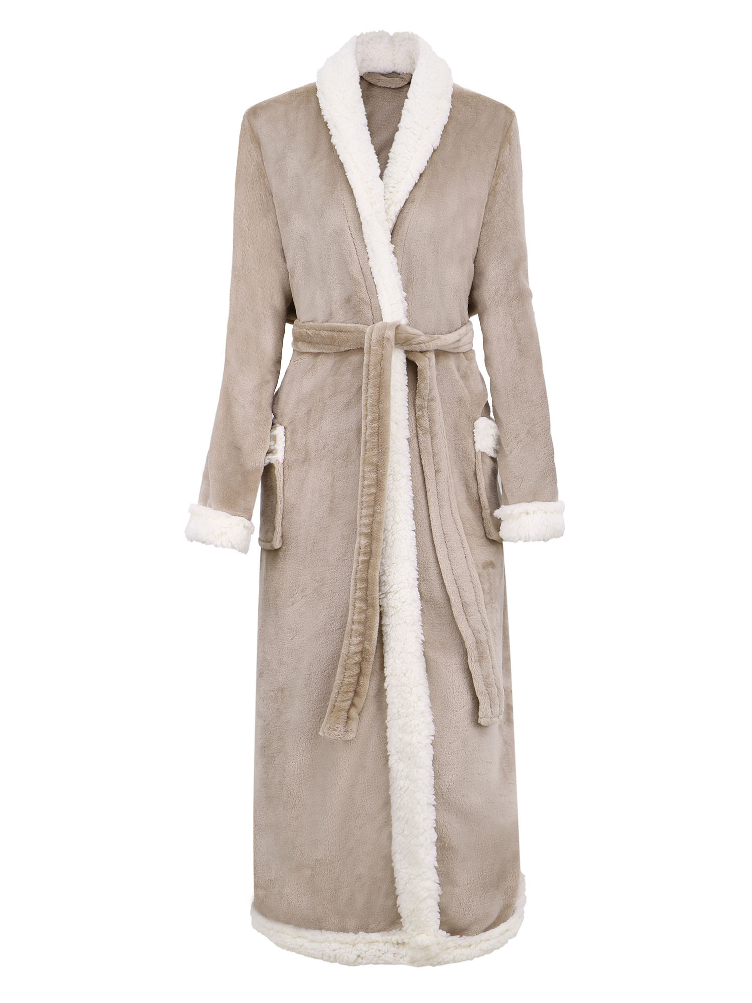 Womens Robe Fleece Bathrobe with Sherpa Trim and Pockets,Latte