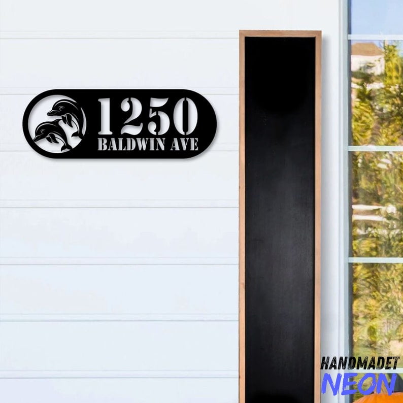 Handmadetneonsign Dolphins House Number Metal, Dolphin Home Number Metal Sign, Address Wall Decor 043888