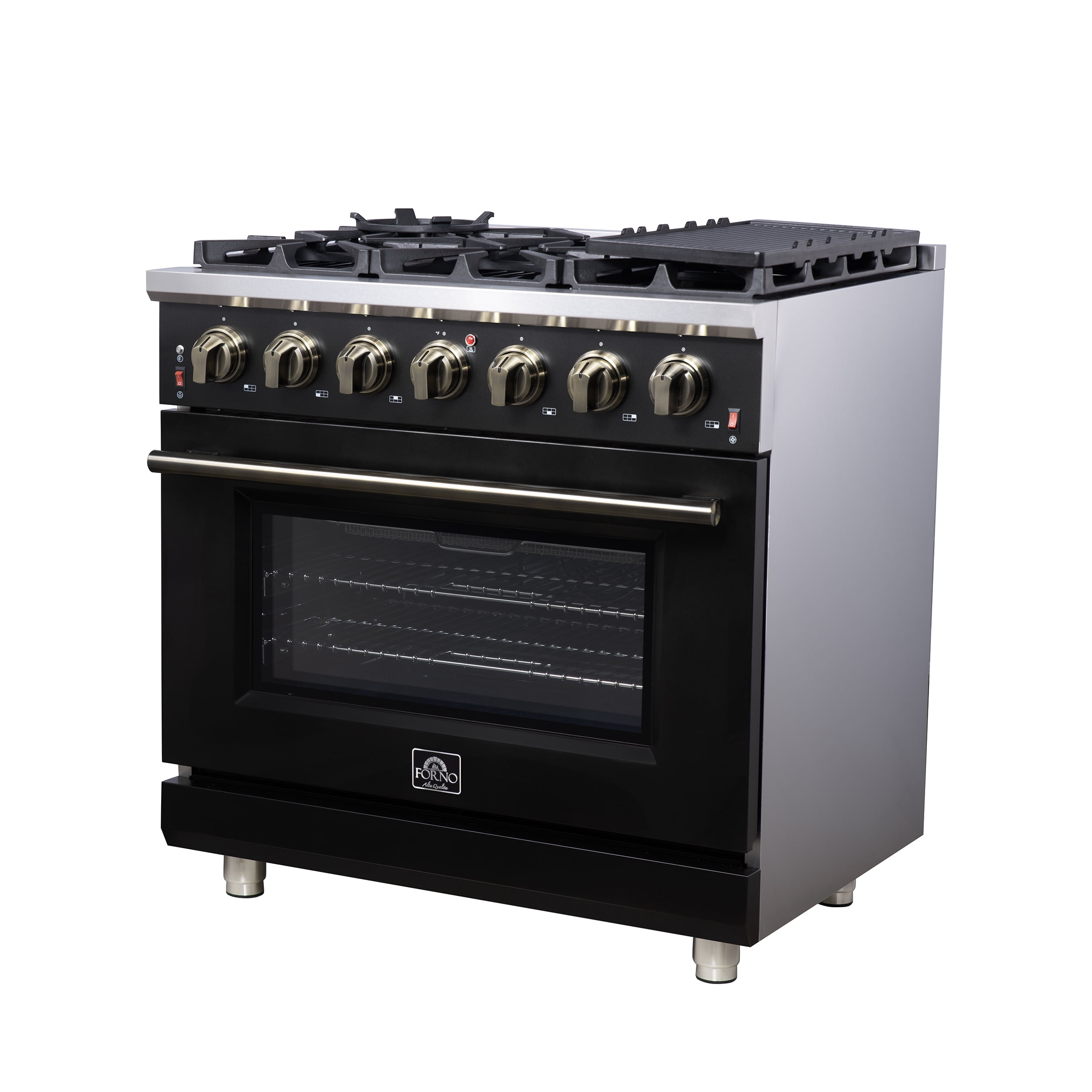 Forno Massimo 36-Inch Black Freestanding Gas Range, 6 Sealed Burners, Convection Oven