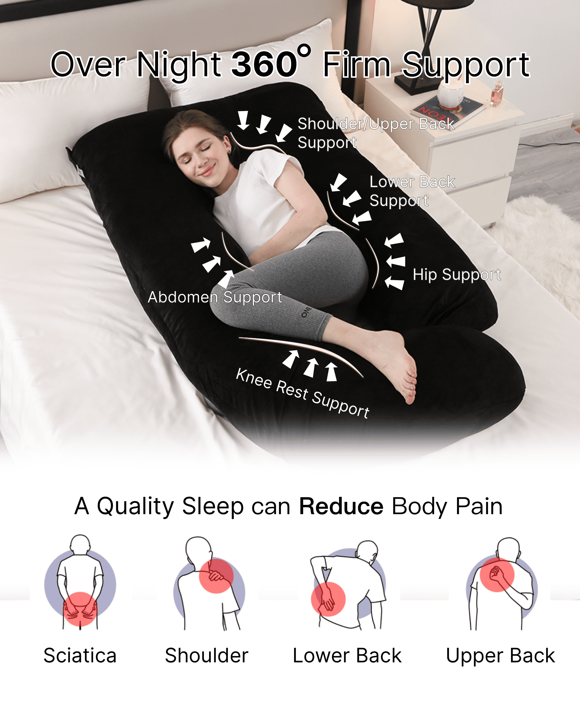 ALLOPERA Pregnancy Pillow, Full Body Maternity Pillow 57 inch, with Removable Washable Cover - Sleep Support for Legs, Back, Neck, Shoulder, HIPS, Belly for Pregnent Women, Velvet (Coal-Black)