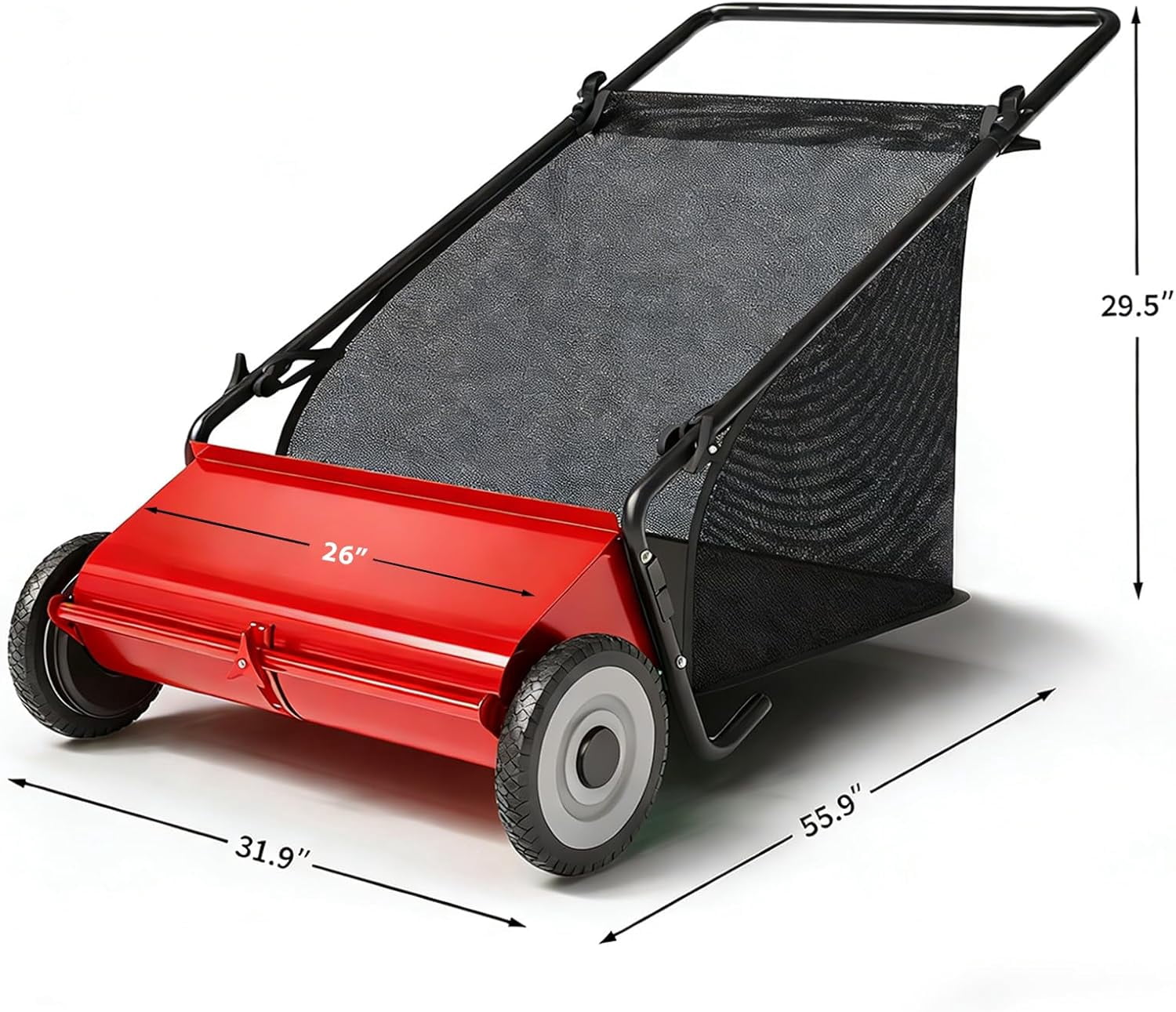 Riedhoff 26" Push Lawn Sweeper,4 Spinning Brushes, 7 Cu. Ft Capacity Collection Bag, Adjustable Height, Red